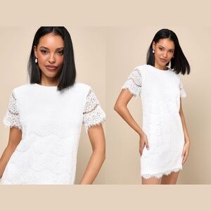 LULUS | Take Me to Brunch Ivory Eyelash Lace Short Sleeve Shift Dress | Size XS